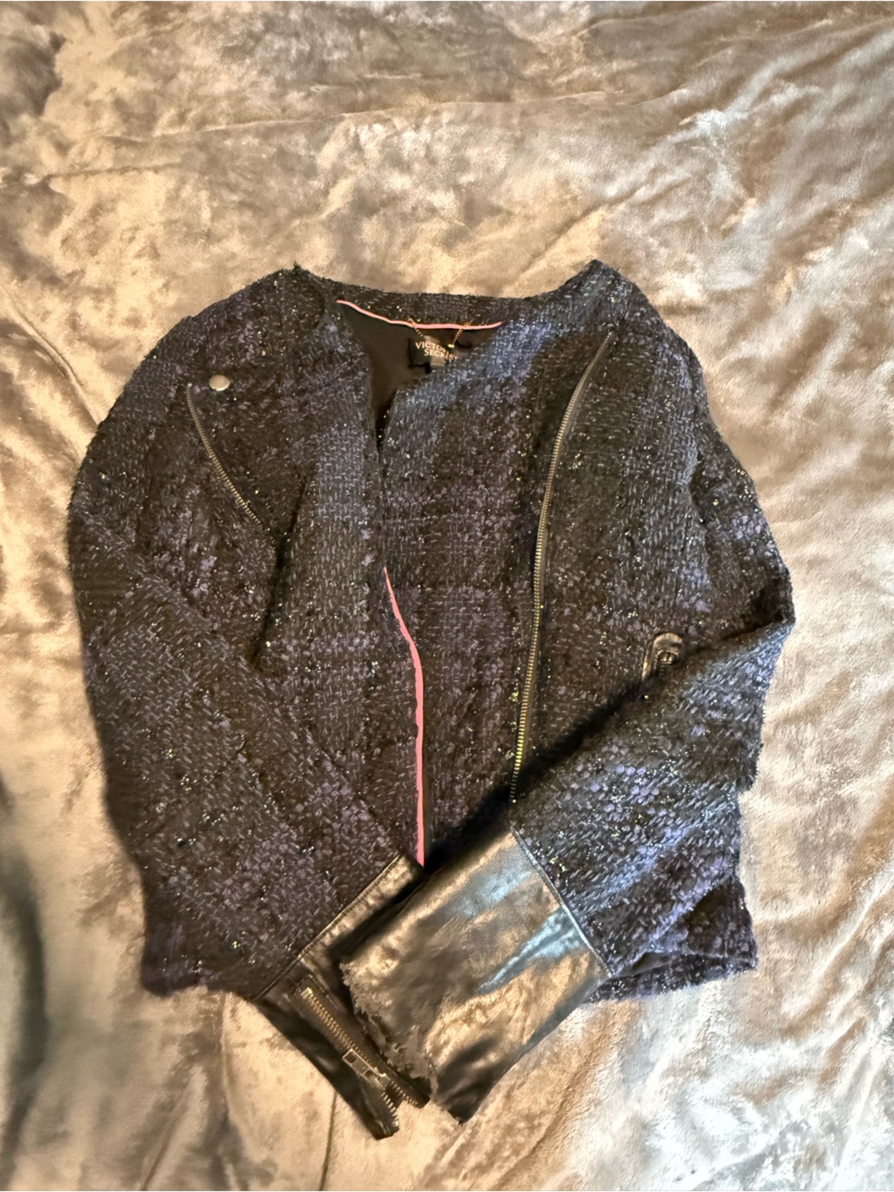 Victoria's Secret Black Bouclé Trim Jacket with Pink Piping